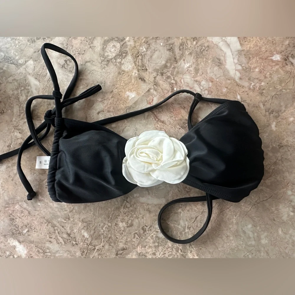 Black Bikini With Floral Accent And Ties